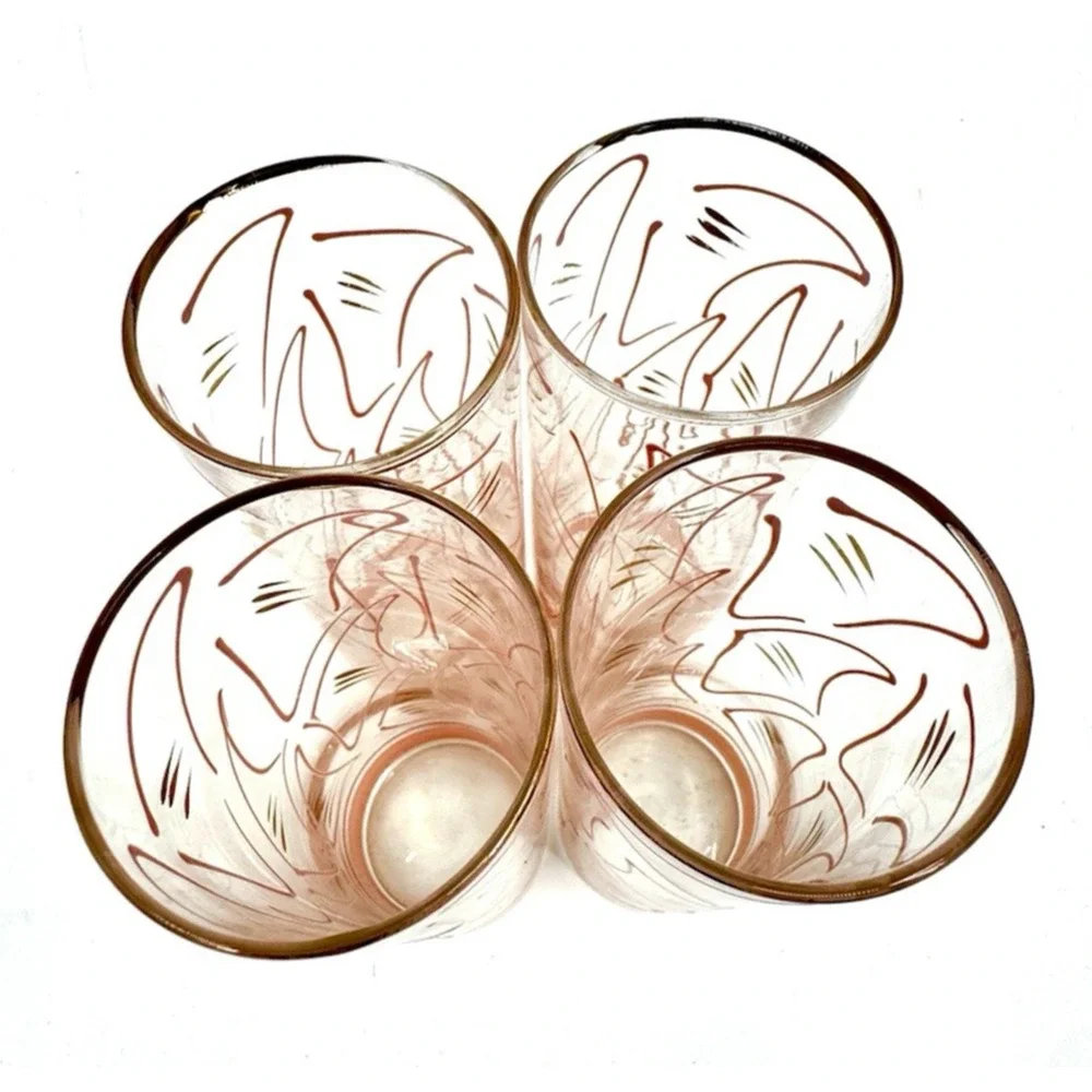 Vintage Zombie Glasses Pink Gold Geometric Shapes MCM Hazel Atlas Set of 4